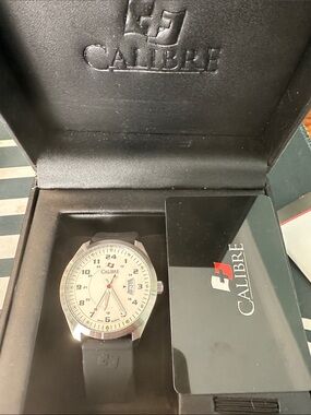 Calibre Men's Black Strap Watch with Cream Dial